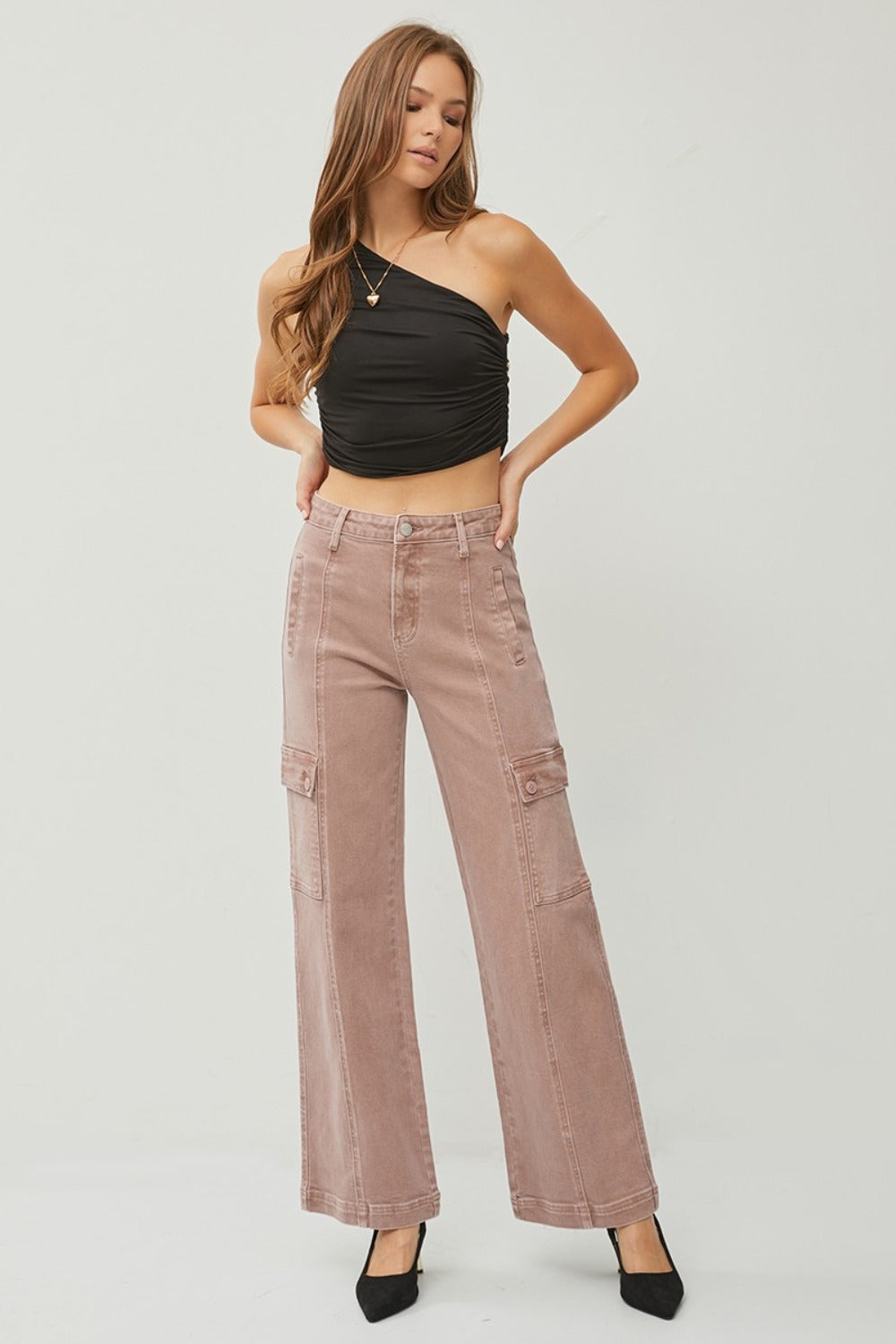 RISEN 31.5" Wide Leg Cargo Jeans in Mauve