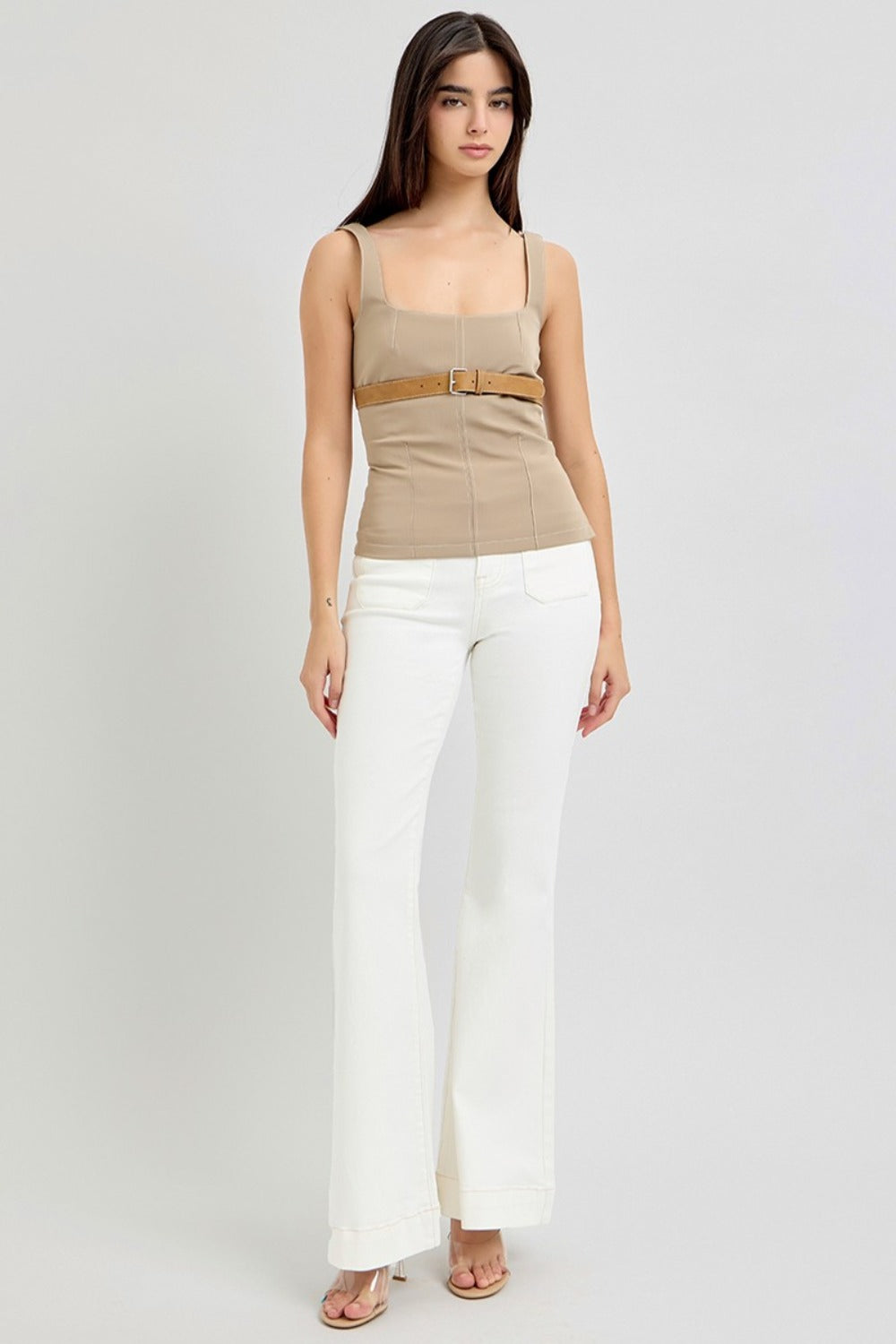 RISEN 31" Front Patch Pocket Flare Jeans in Cream