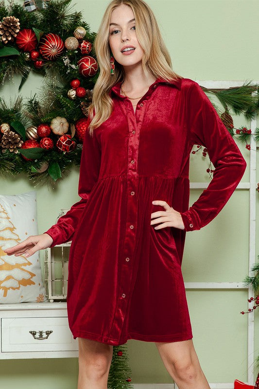 Velvet Long Sleeve Shirt Dress - Red or Green