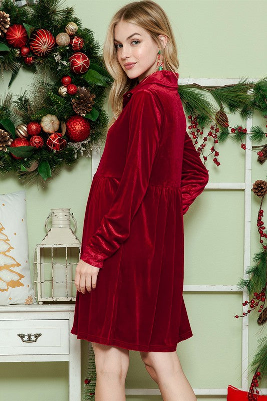 Velvet Long Sleeve Shirt Dress - Red or Green