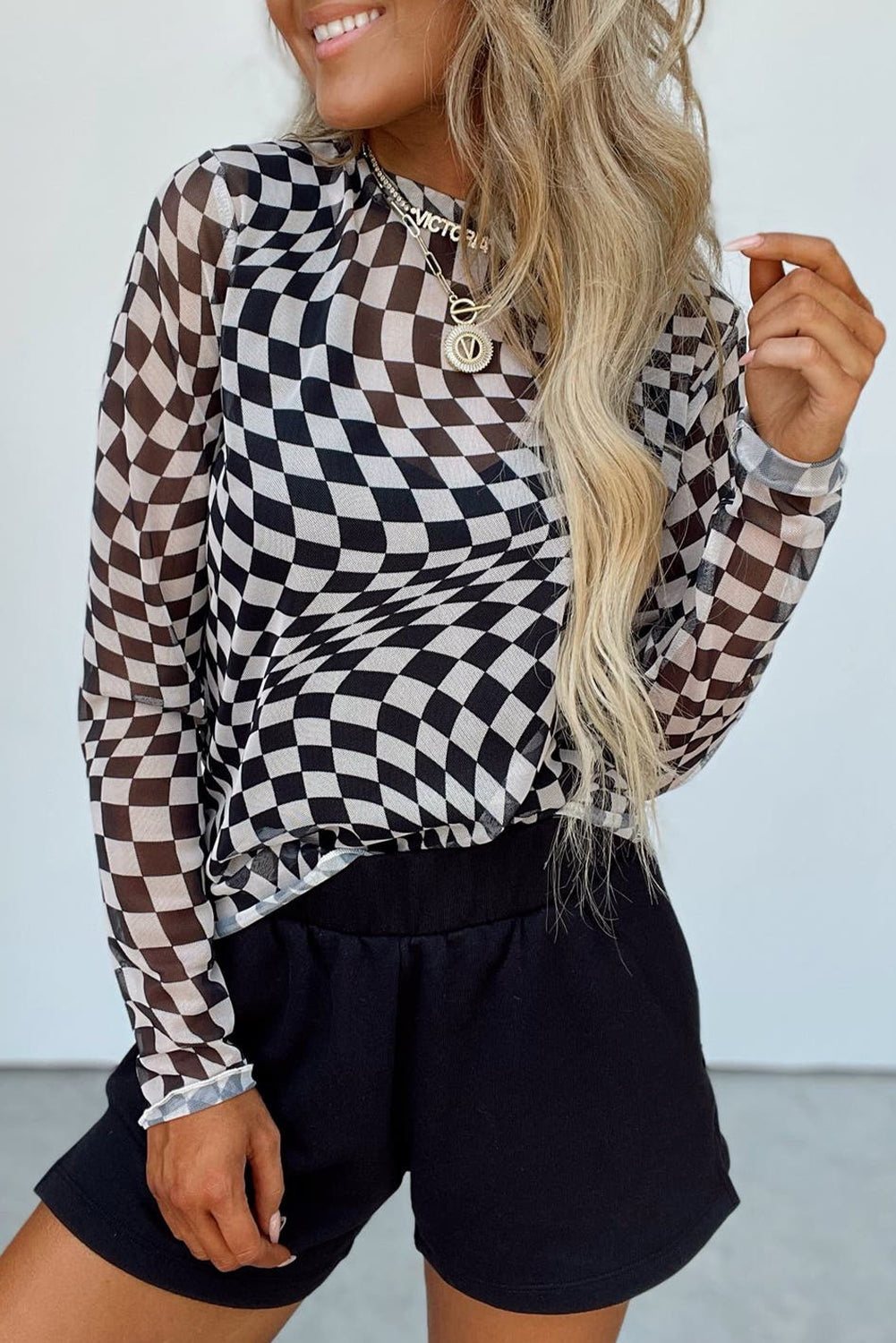 Checkered Mesh Mock Neck Top - 3 Color Options