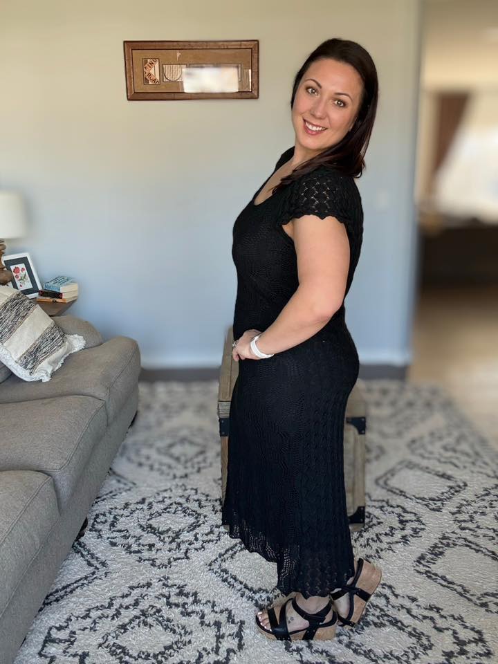 On the Town Lace Scoop Neck Knit Dress in Black