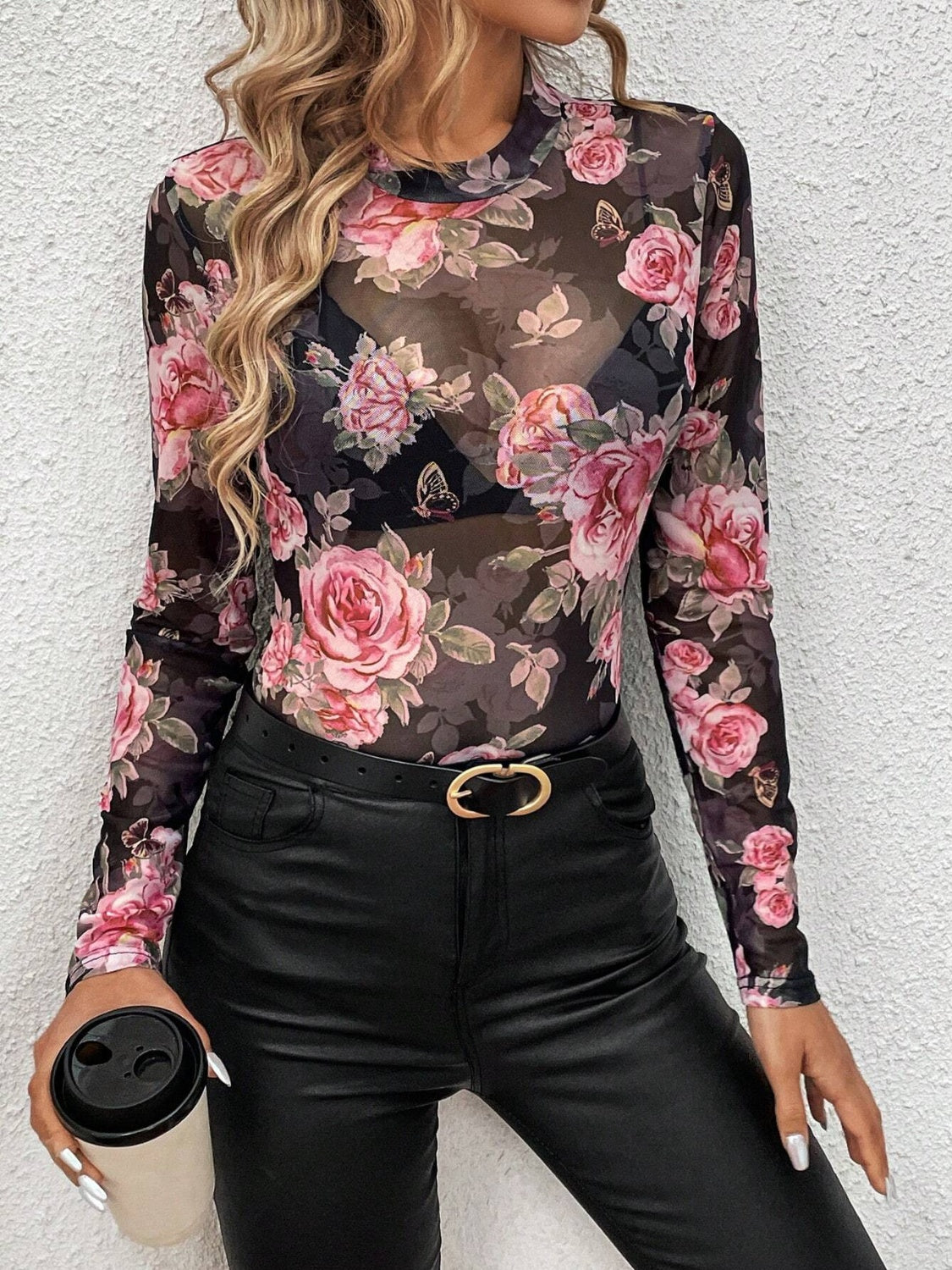 Coming Up Roses Mesh Mock Neck Top
