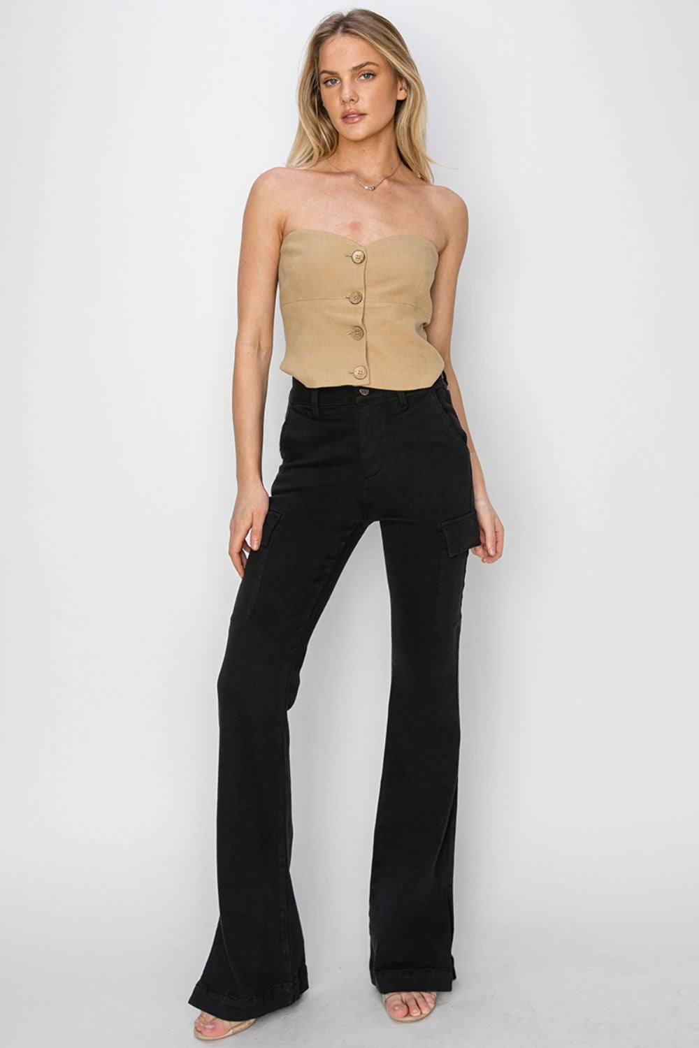 RISEN (33") Side Slit Cargo Bootcut Jeans in Black