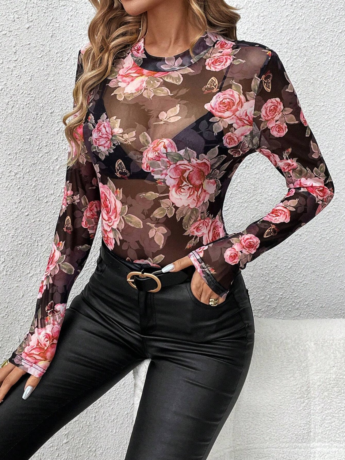 Coming Up Roses Mesh Mock Neck Top