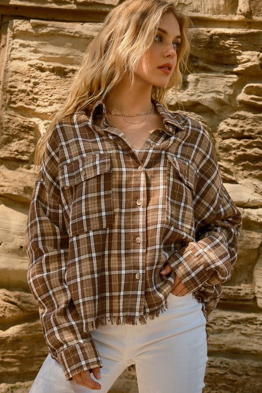 Perfect Find Cinnamin Plaid Cotton-Blend Fray Hem Shacket