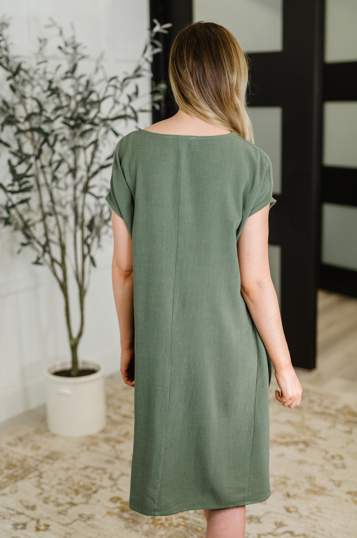 Barely Trying V-Neck Relaxed Dress in Gray Green