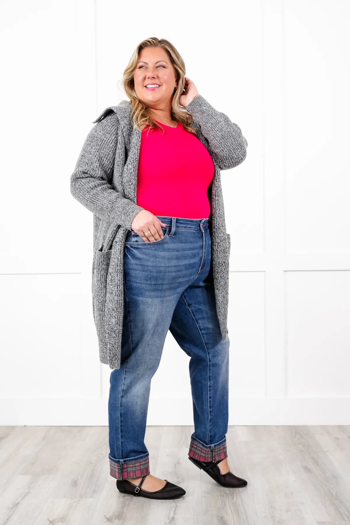 Judy Blue 29"-32" Plaid Cuff Straight Leg Jeans