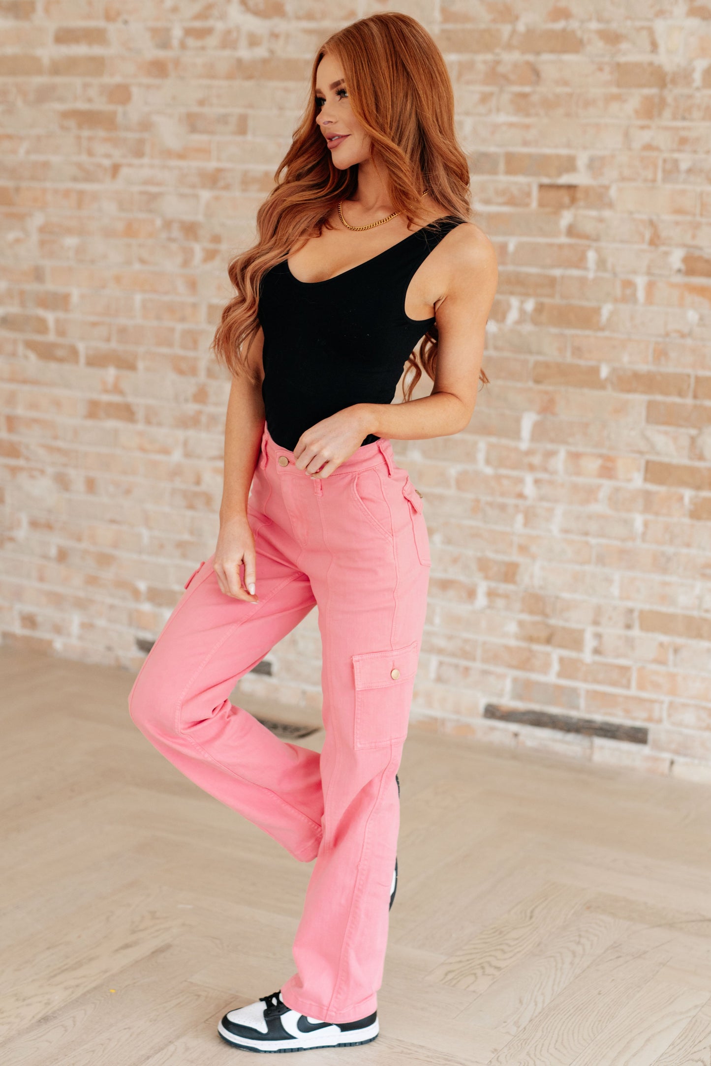 Judy Blue 31.5" Peggy High Rise Cargo Straight Jeans in Pink