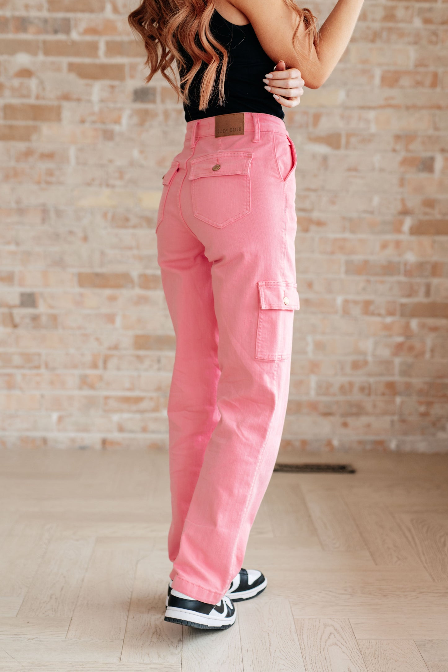 Judy Blue 31.5" Peggy High Rise Cargo Straight Jeans in Pink