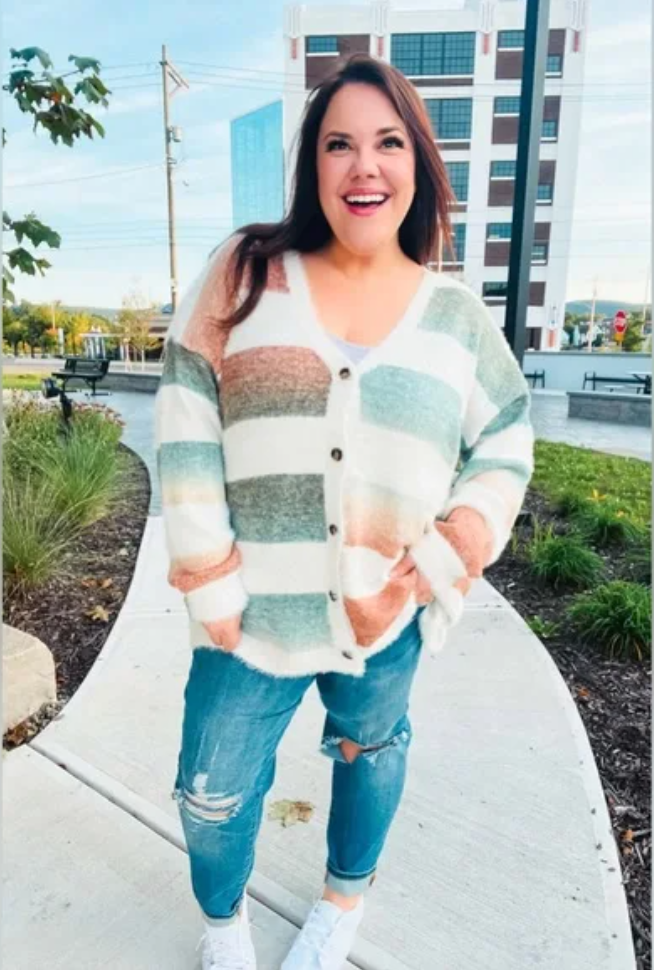 Button Down Stripe Soft Fuzzy Sweater Cardigan