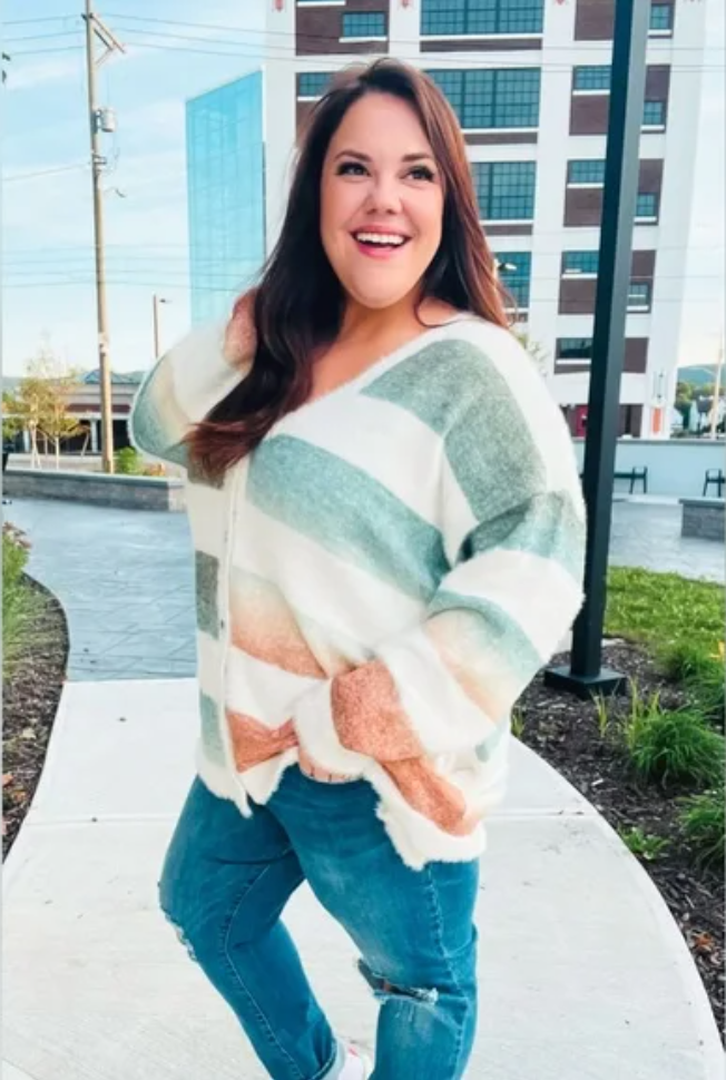 Button Down Stripe Soft Fuzzy Sweater Cardigan