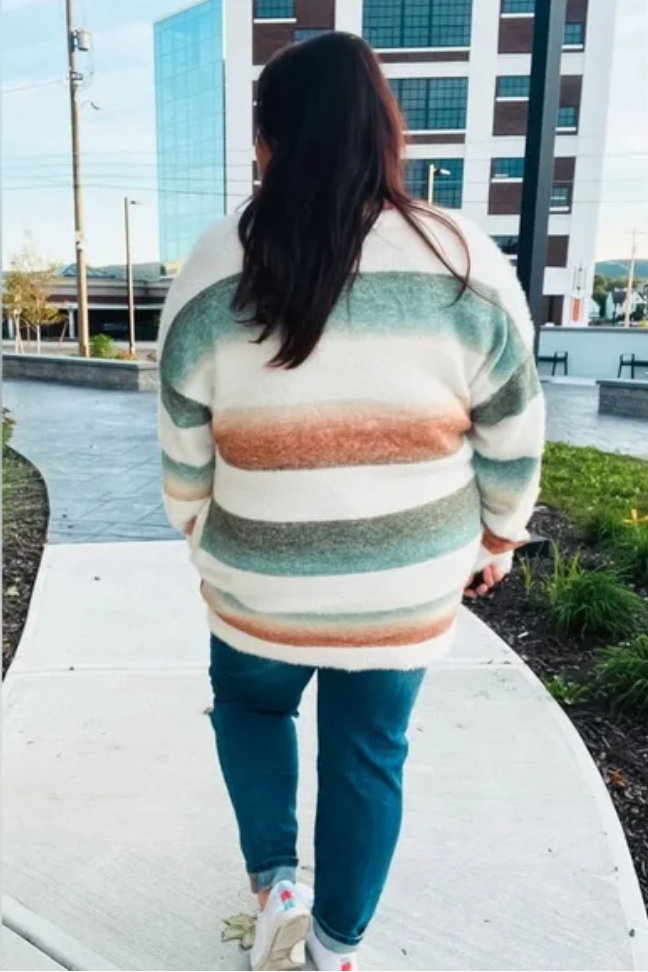 Button Down Stripe Soft Fuzzy Sweater Cardigan