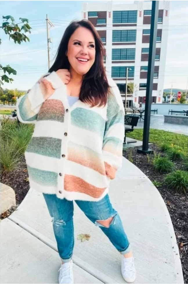 Button Down Stripe Soft Fuzzy Sweater Cardigan