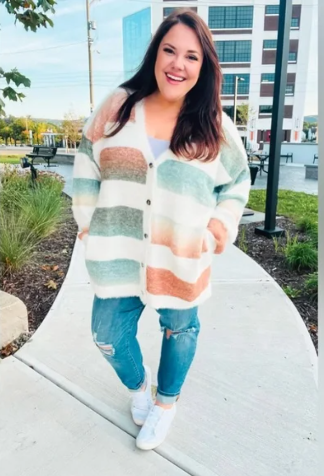 Button Down Stripe Soft Fuzzy Sweater Cardigan
