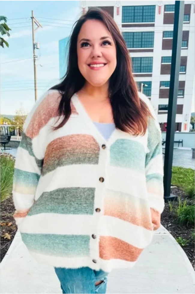 Button Down Stripe Soft Fuzzy Sweater Cardigan