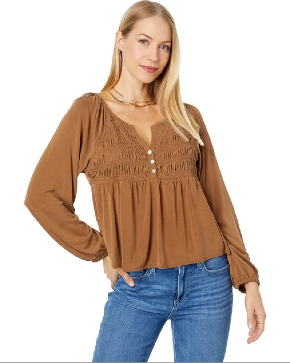 Smocked Flow Fit Blouse in Caramel