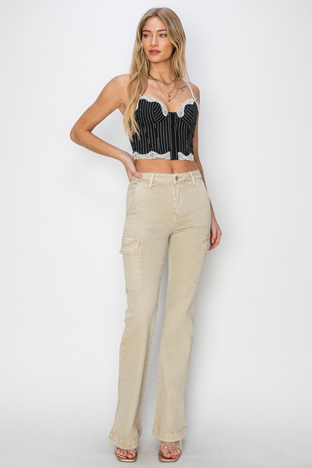 RISEN (33") Side Slit Cargo Bootcut Jeans in Stone
