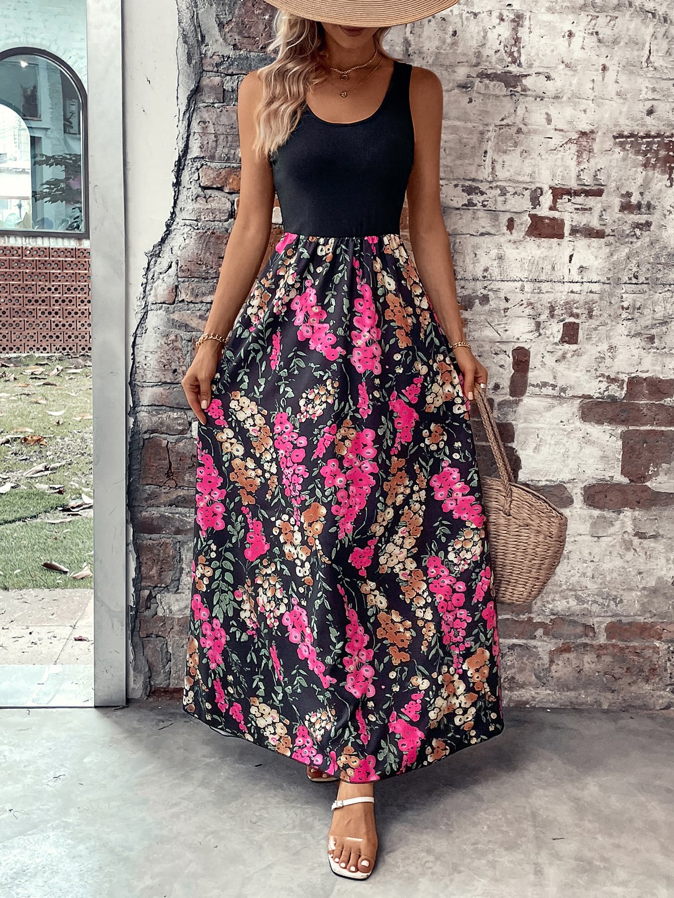 Floral Color Block Sleeveless Maxi Dress