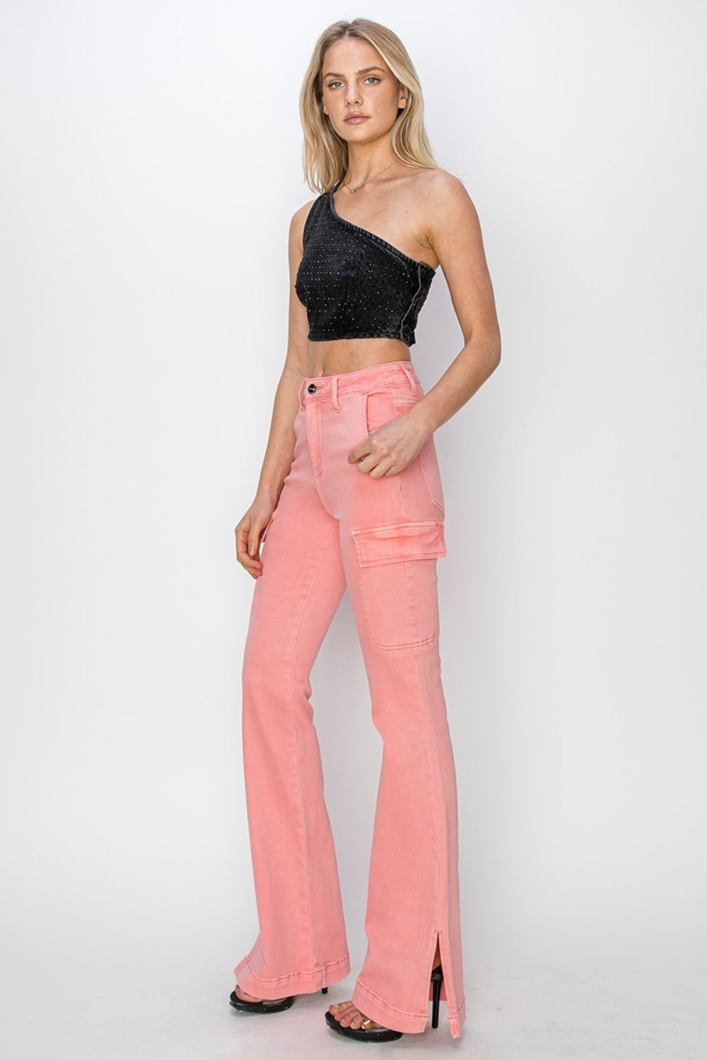 RISEN (33") Side Slit Cargo Bootcut Jeans in Flamingo