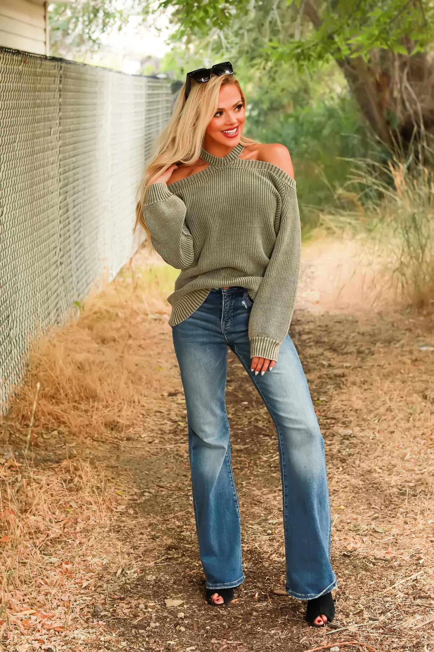 Mineral Washed Cold Shoulder Sweater in Olive