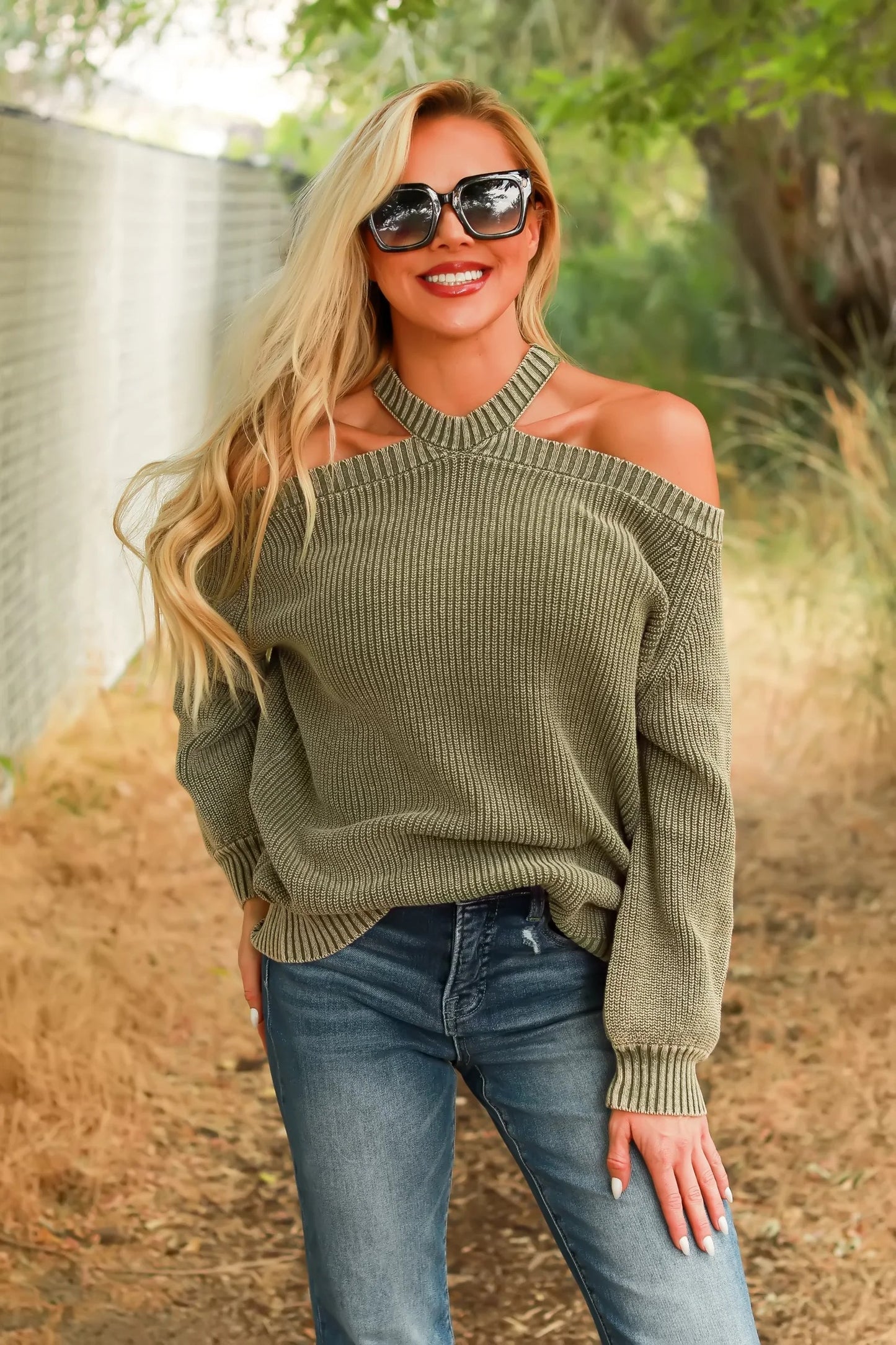 Mineral Washed Cold Shoulder Sweater in Olive