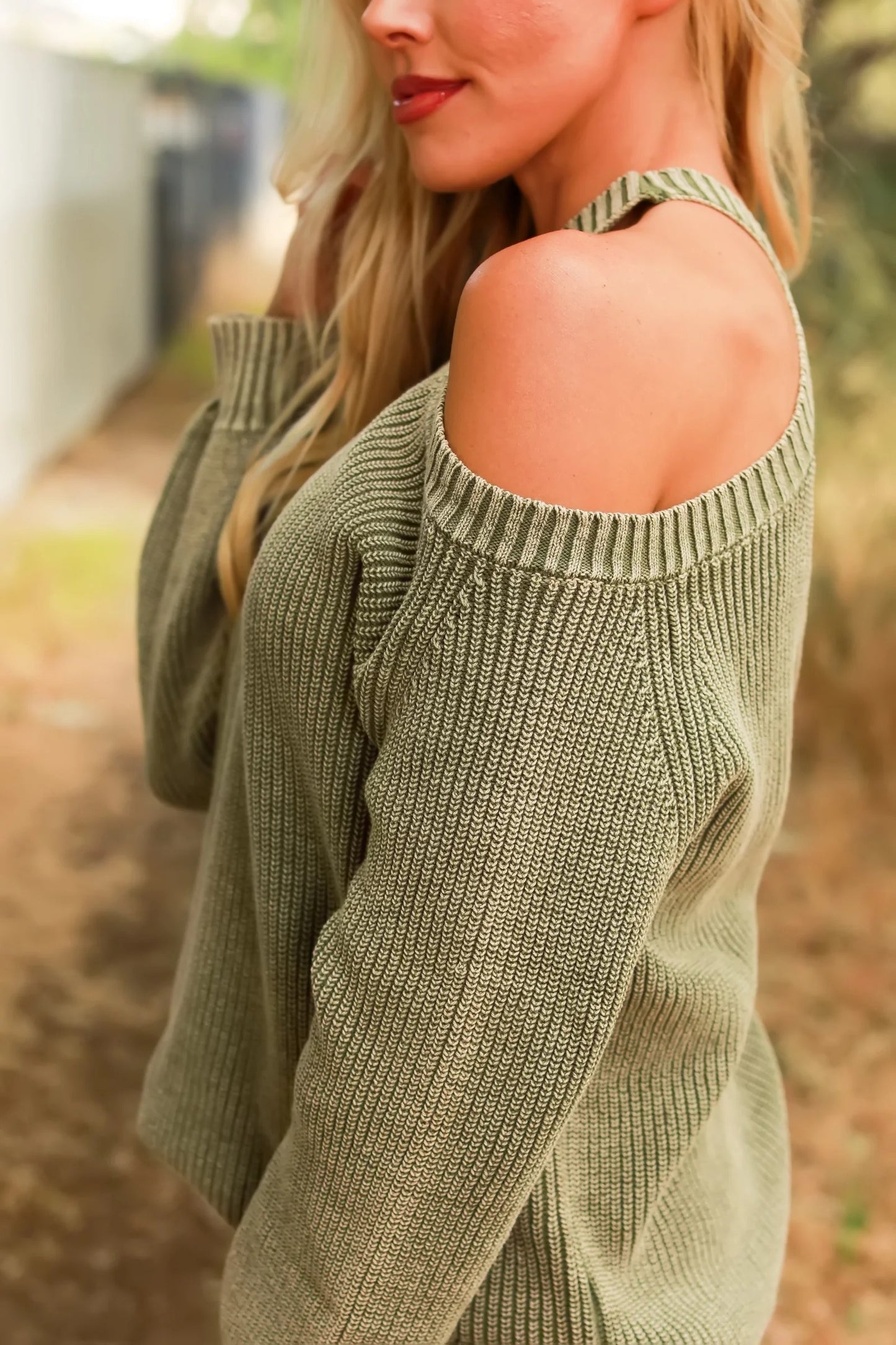 Mineral Washed Cold Shoulder Sweater in Olive