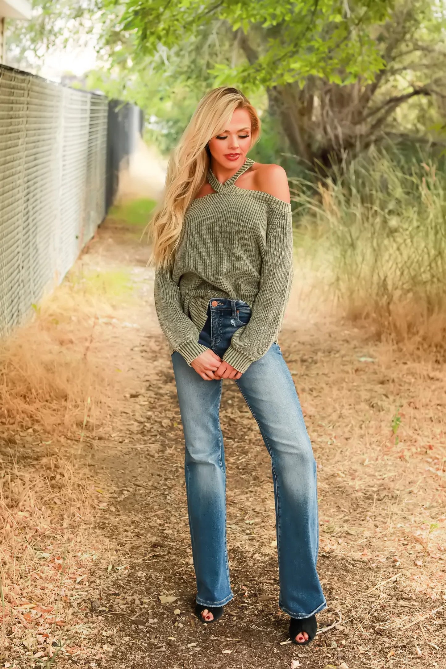 Mineral Washed Cold Shoulder Sweater in Olive