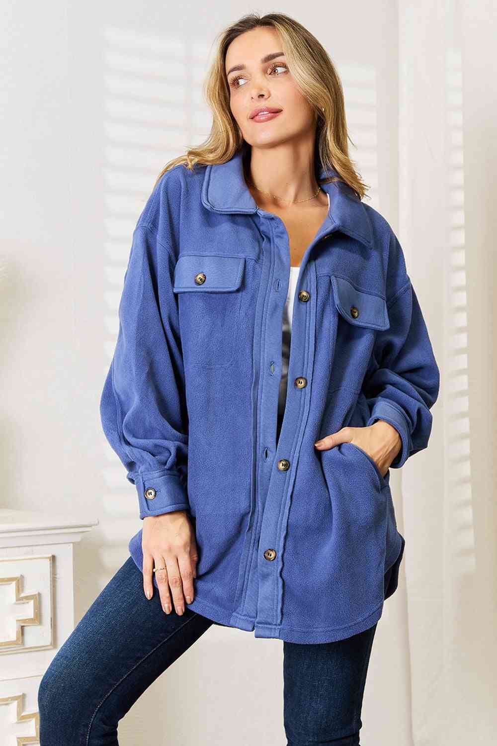 Cozy Girl Fleece Button Down Shacket - Blue