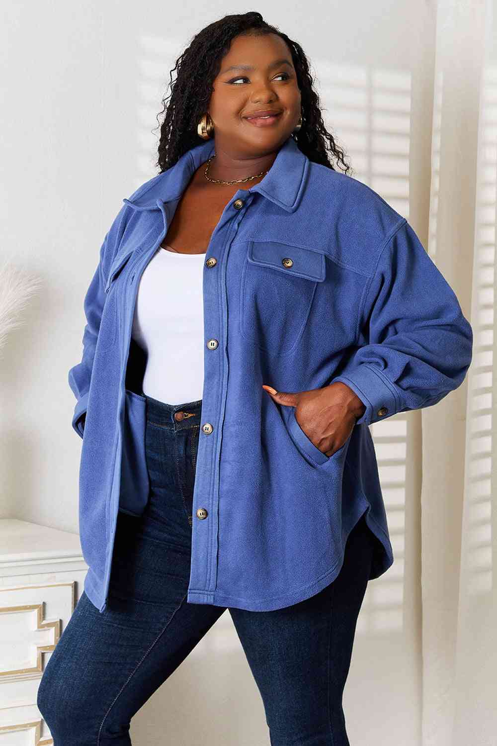 Cozy Girl Fleece Button Down Shacket - Blue