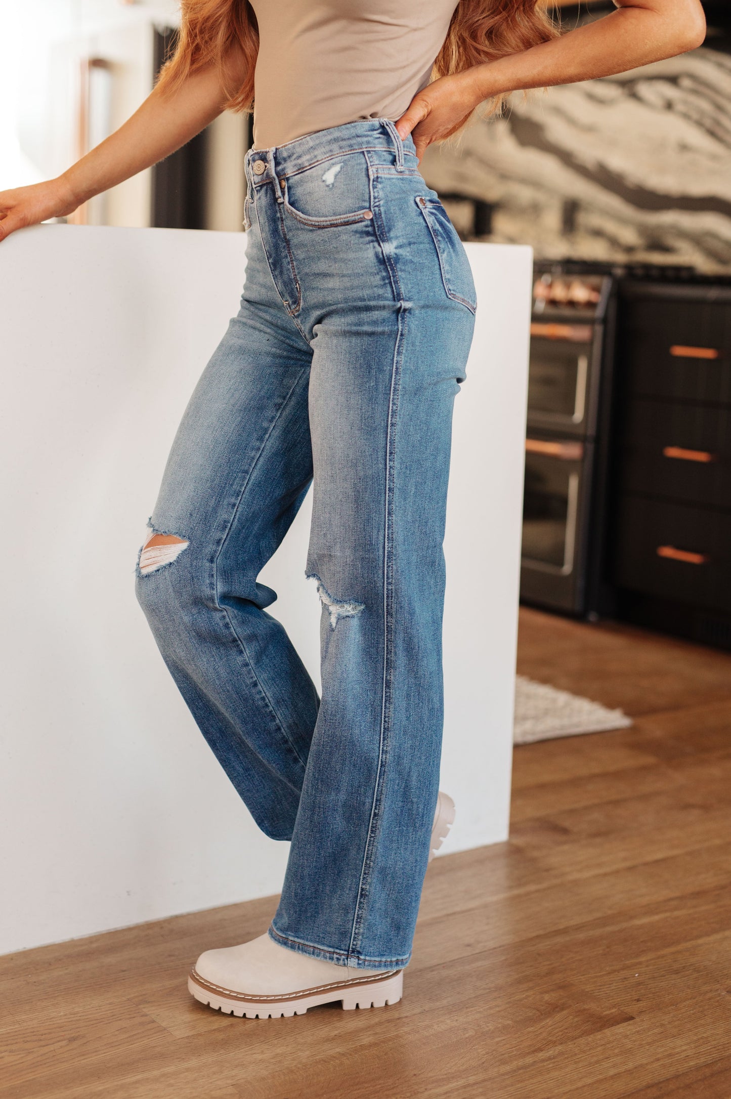 Judy Blue 33" Bree High Rise Control Top Distressed Straight Jeans