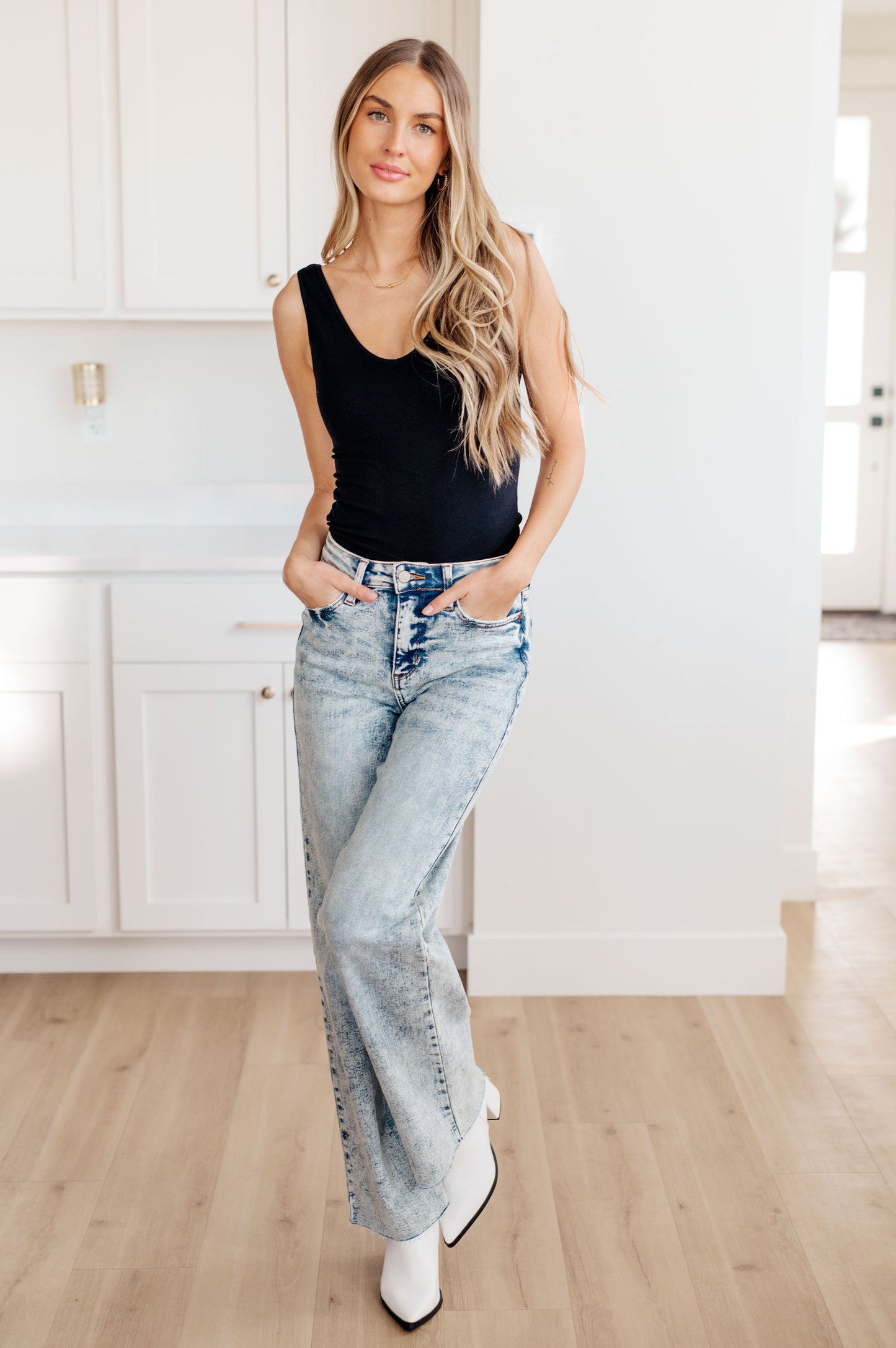 Judy Blue 32" Dory High Waist Mineral Wash Raw Hem Wide Leg Jeans