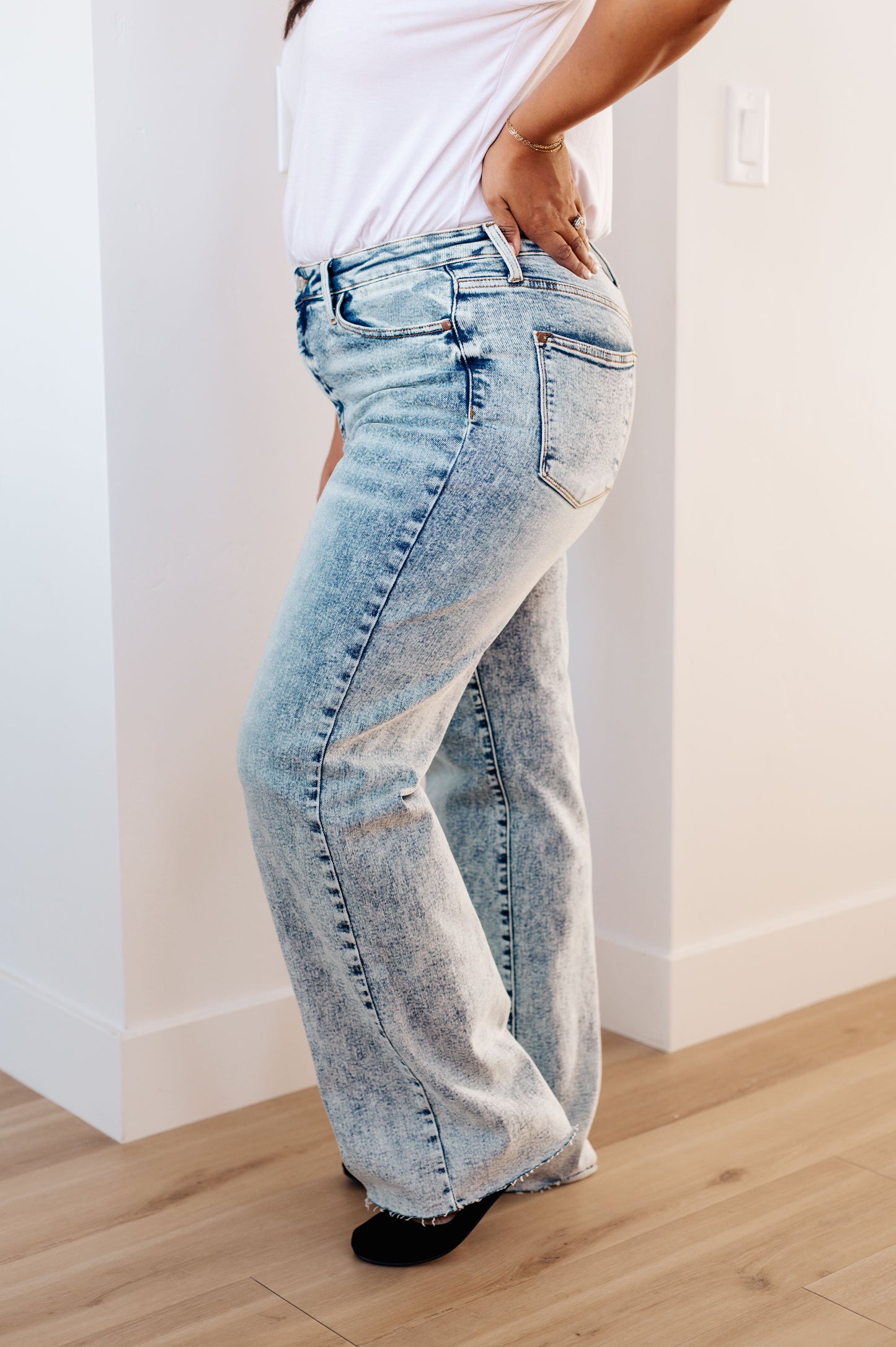 Judy Blue 32" Dory High Waist Mineral Wash Raw Hem Wide Leg Jeans