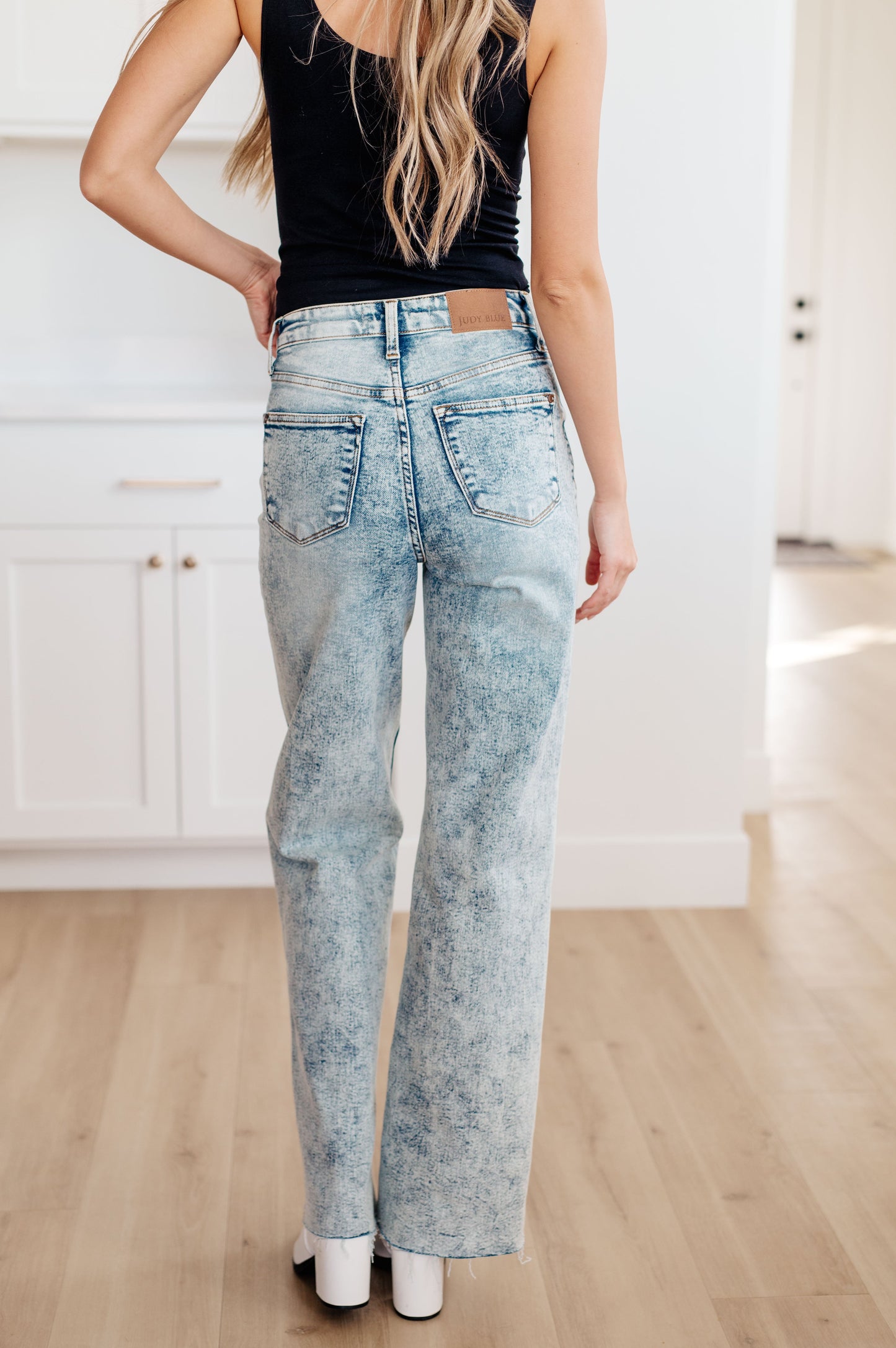 Judy Blue 32" Dory High Waist Mineral Wash Raw Hem Wide Leg Jeans