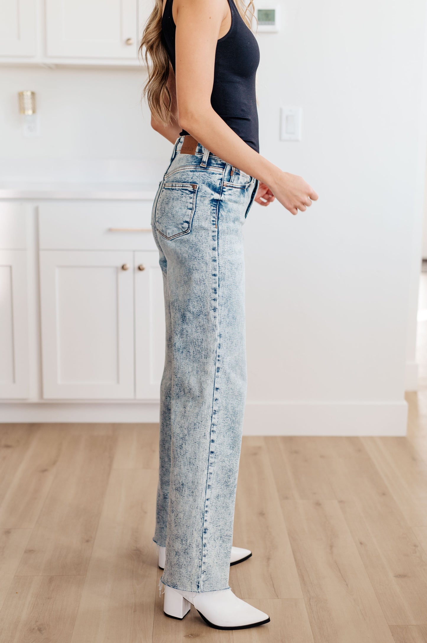 Judy Blue 32" Dory High Waist Mineral Wash Raw Hem Wide Leg Jeans