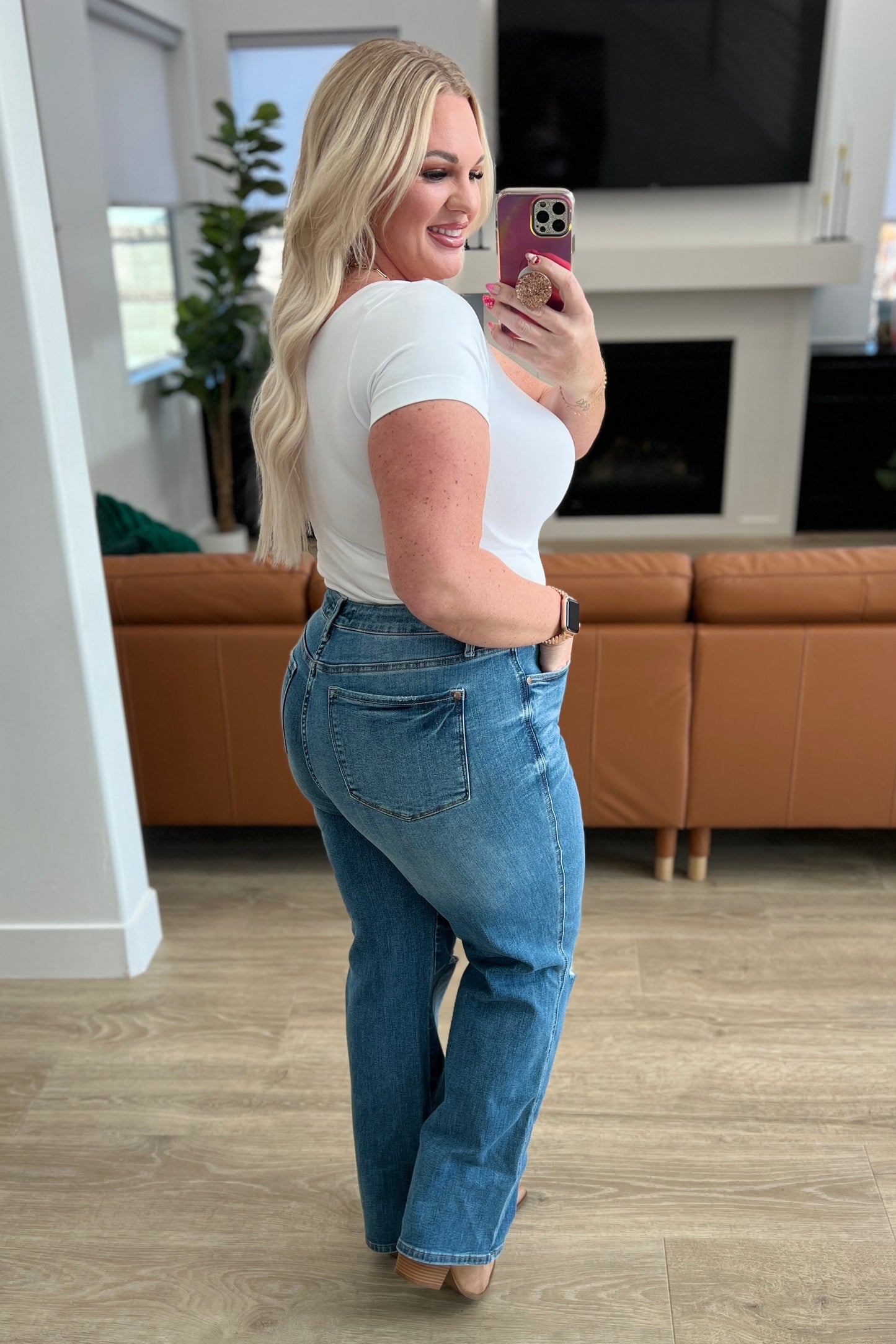 Judy Blue 33" Bree High Rise Control Top Distressed Straight Jeans