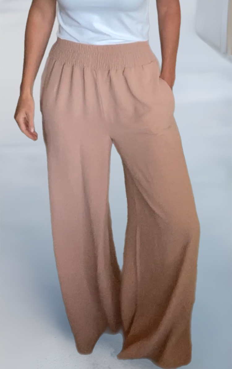 Smocked Waist Wide Leg Pants in Khaki