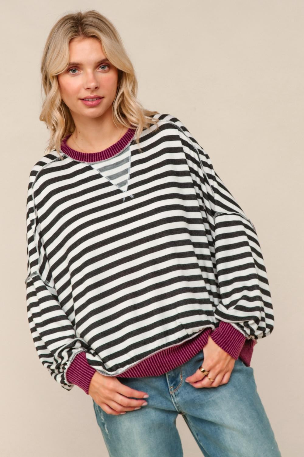 A Stripe Story Wine Crew Neck Pullover