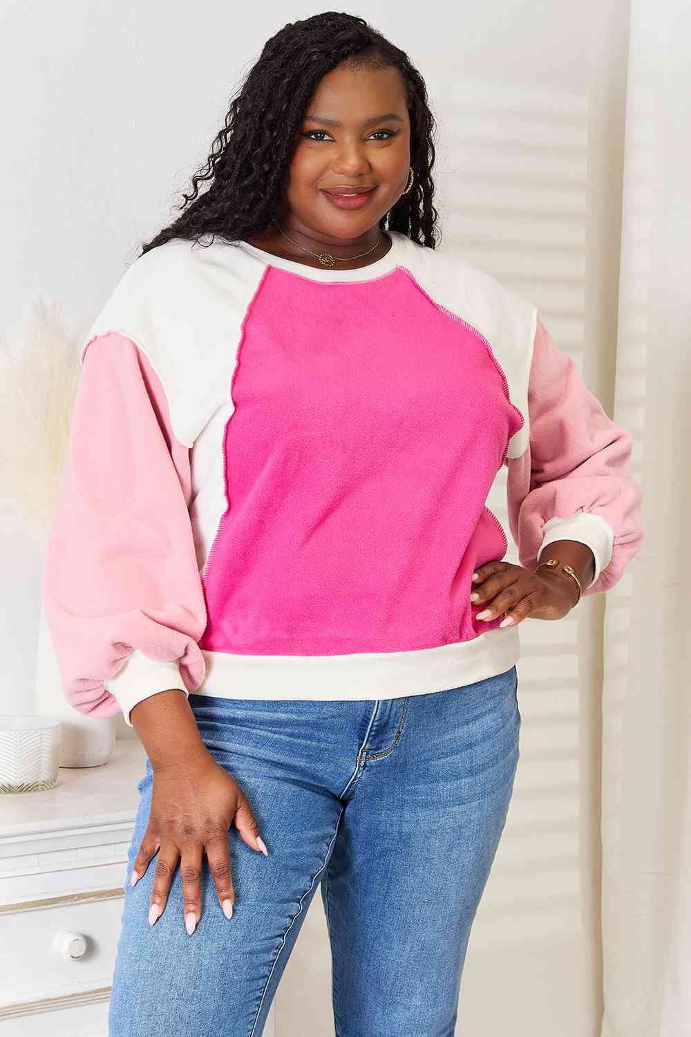 Exposed Seams Color Block Sweatshirt in Pink