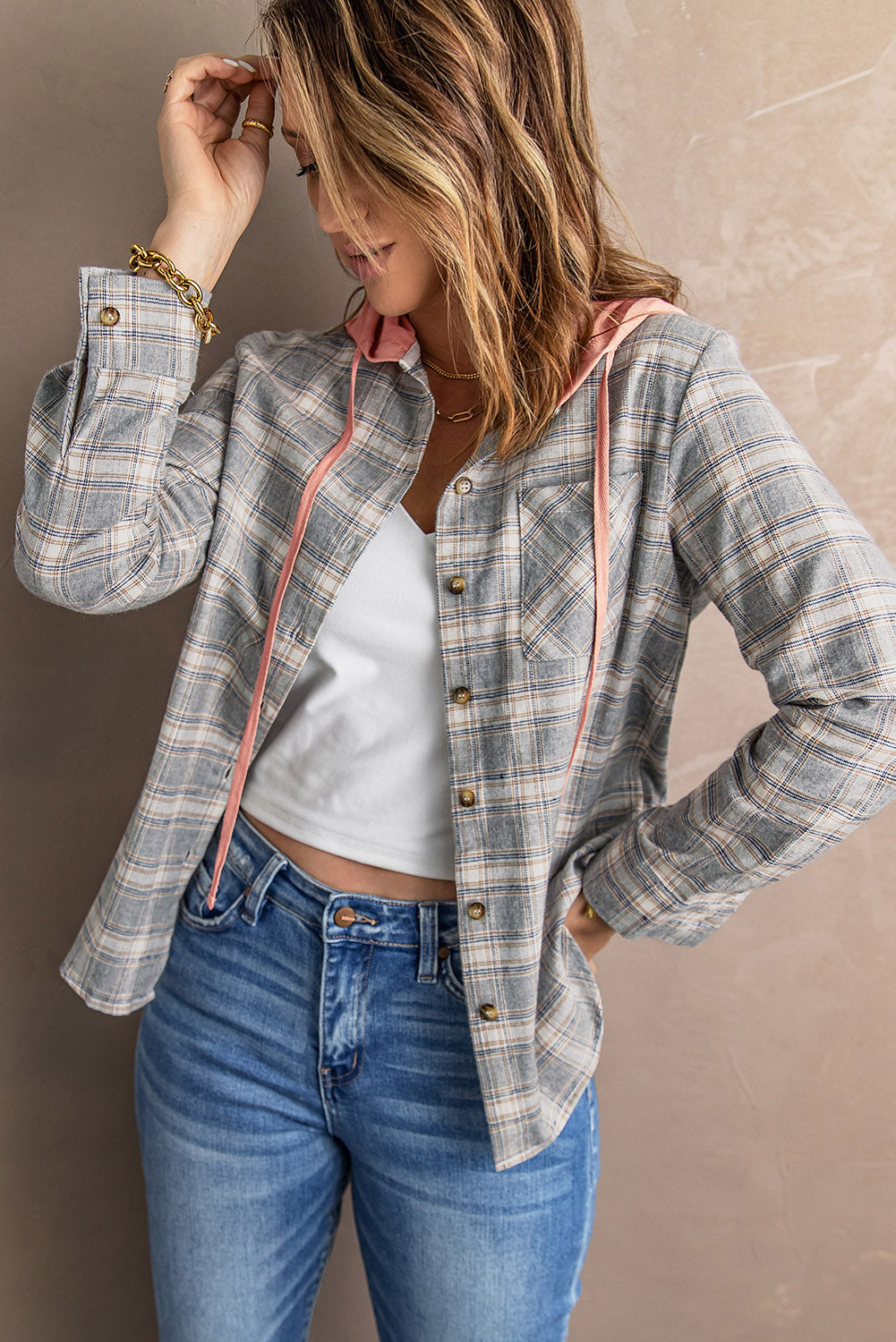 Plaid Hooded Button Down Top