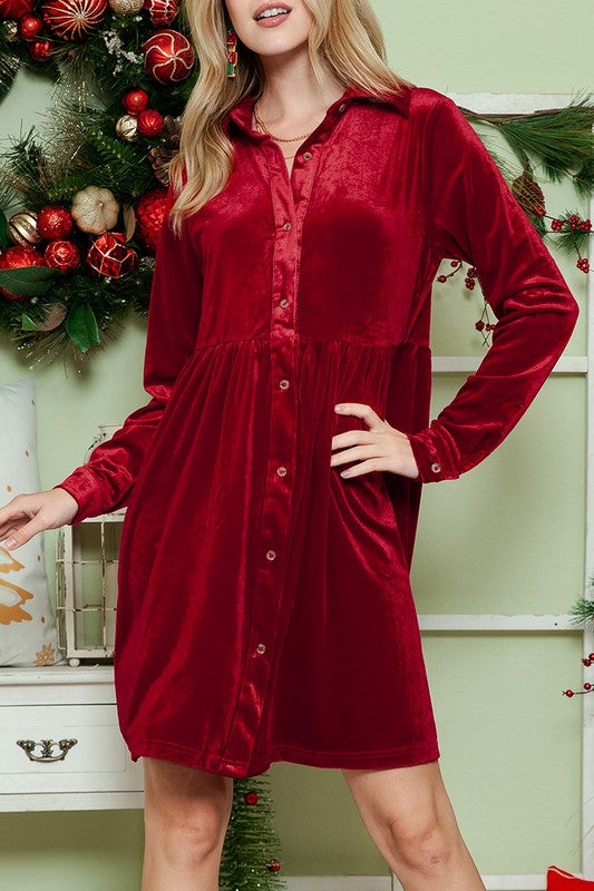 Velvet Long Sleeve Shirt Dress - Red or Green
