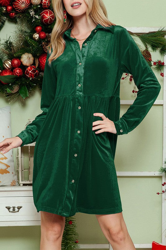 Velvet Long Sleeve Shirt Dress - Red or Green