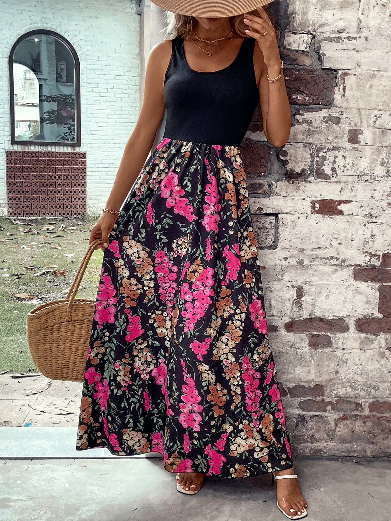 Floral Color Block Sleeveless Maxi Dress