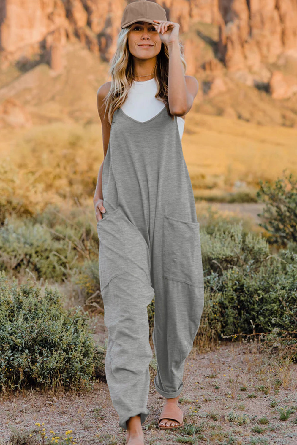 Boho Relaxed Tank Patch Pocket Jumpsuit - 13 Color Options