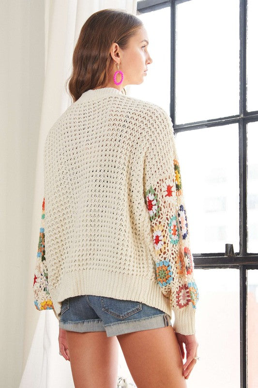 Boho Crochet Long Sleeve Cardigan in Ivory