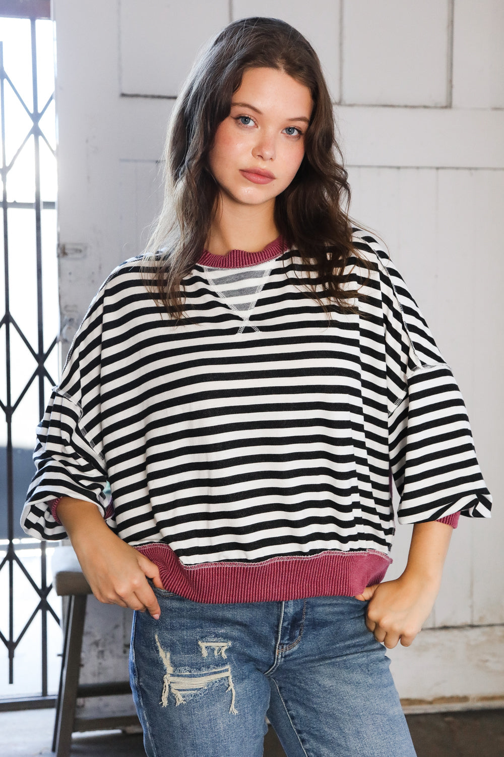 A Stripe Story Wine Crew Neck Pullover