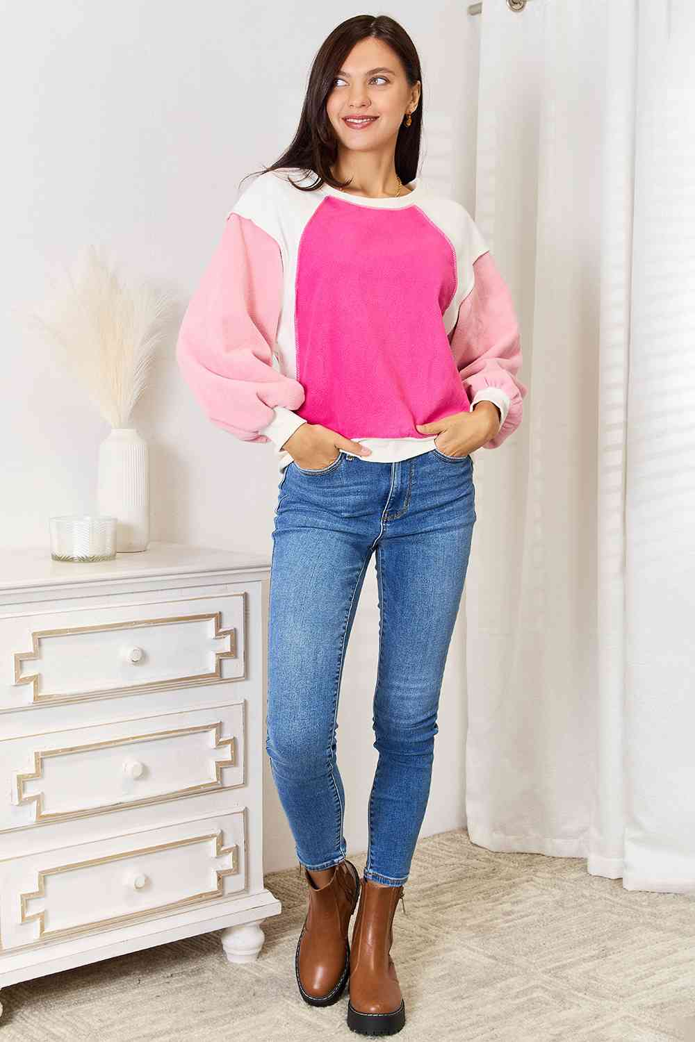 Exposed Seams Color Block Sweatshirt in Pink