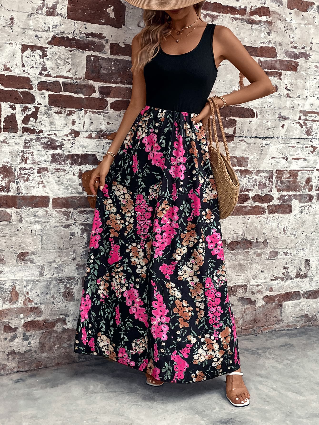 Floral Color Block Sleeveless Maxi Dress