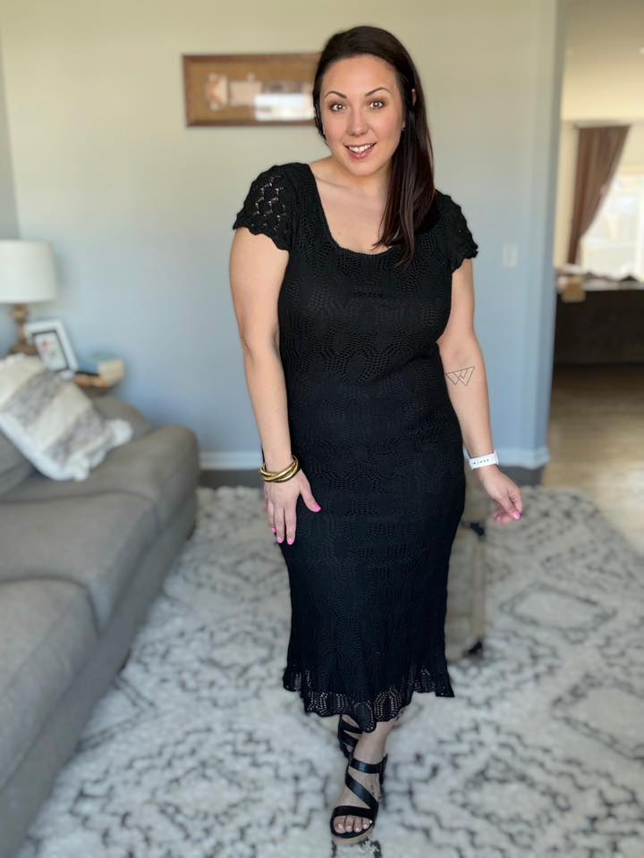 On the Town Lace Scoop Neck Knit Dress in Black