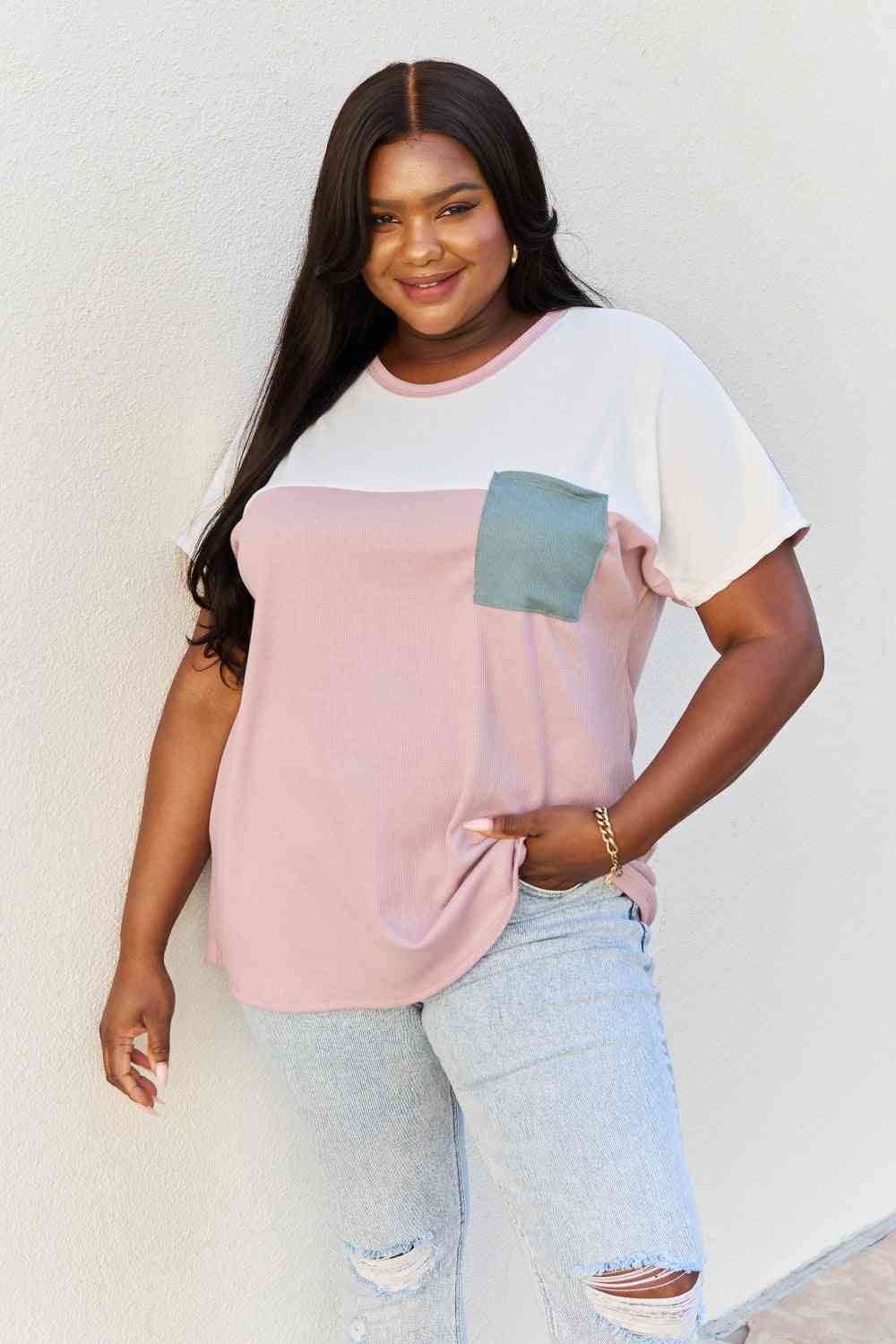 Color Block Waffle Top in Mauve & White